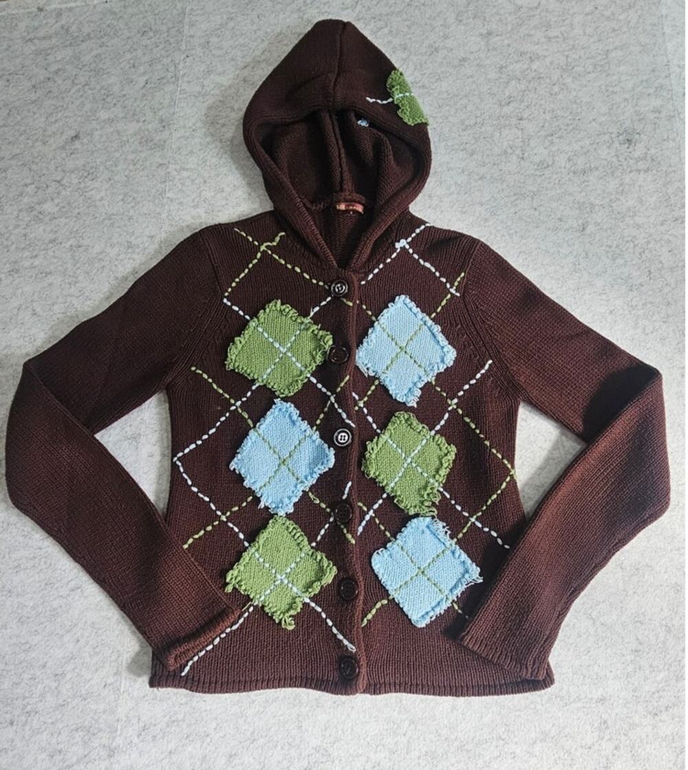 525 America Argyle Patchwork Hooded Cardigan, Button Front, Boho, Sz S